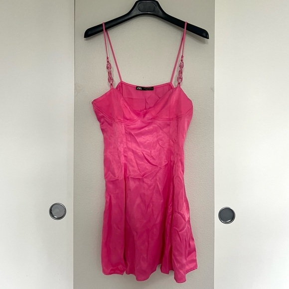 Zara Satin Mini Dress – Barbiecore 90s Coquette Babydoll - Hot Pink - Size M - Picture 4 of 15